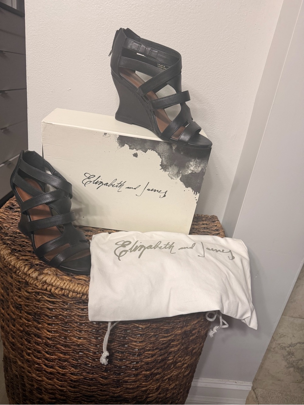 Elizabeth and James Black Strappy Wedge Sandals with Zip Back